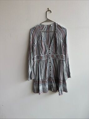 Striped V-Neck Button Front Women’s Dress in White and Blue